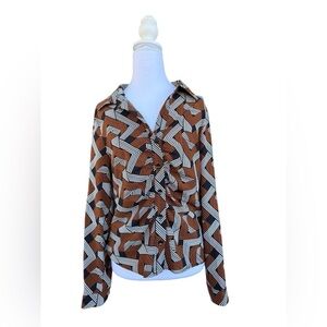 Sweet Rain Ruched Brown and White Chevron Blouse